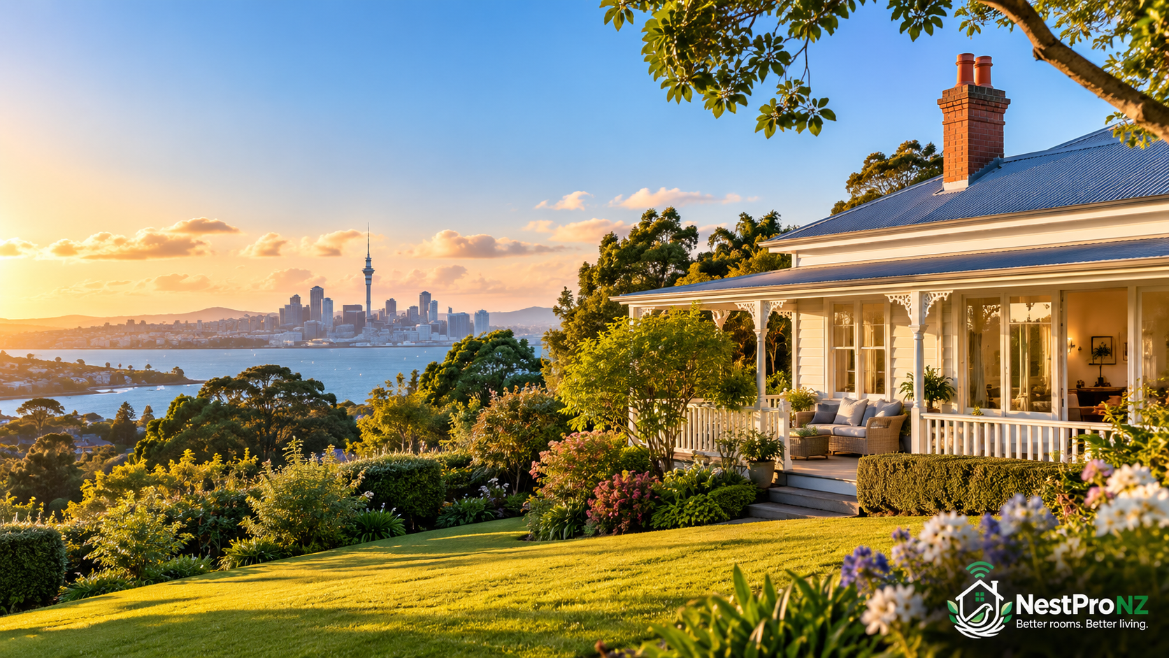 Illustration of a welcoming New Zealand home overlooking Auckland Harbour